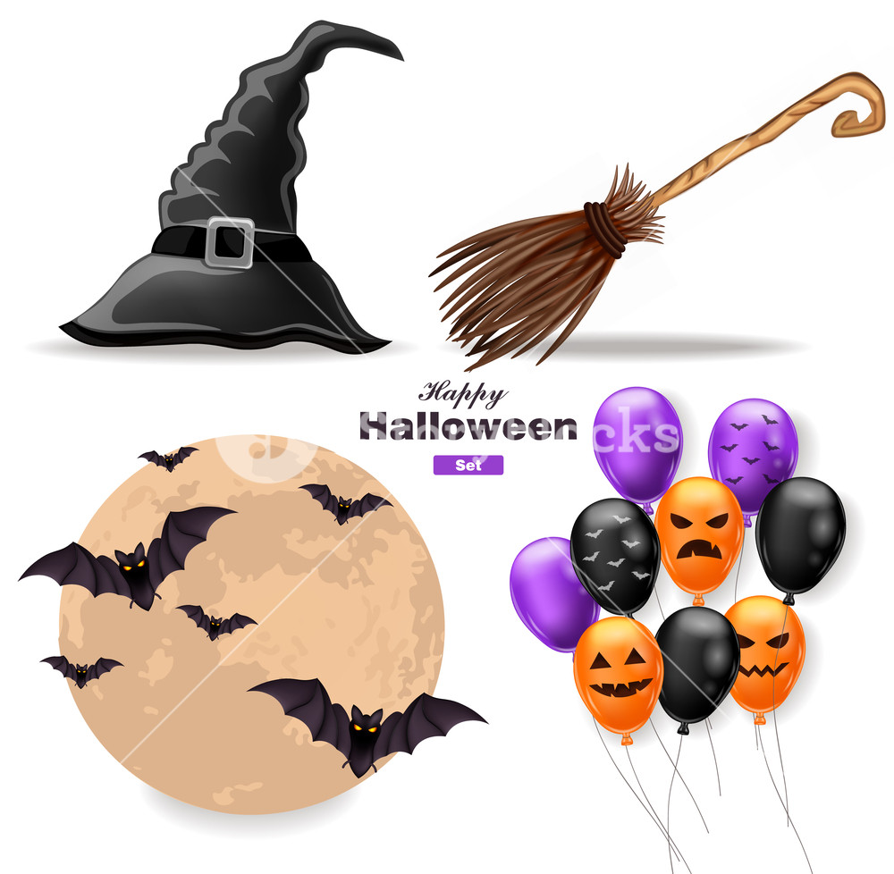 1000x978 Halloween Set Moon, Balloons, Witch Hat And Broomstick Vector