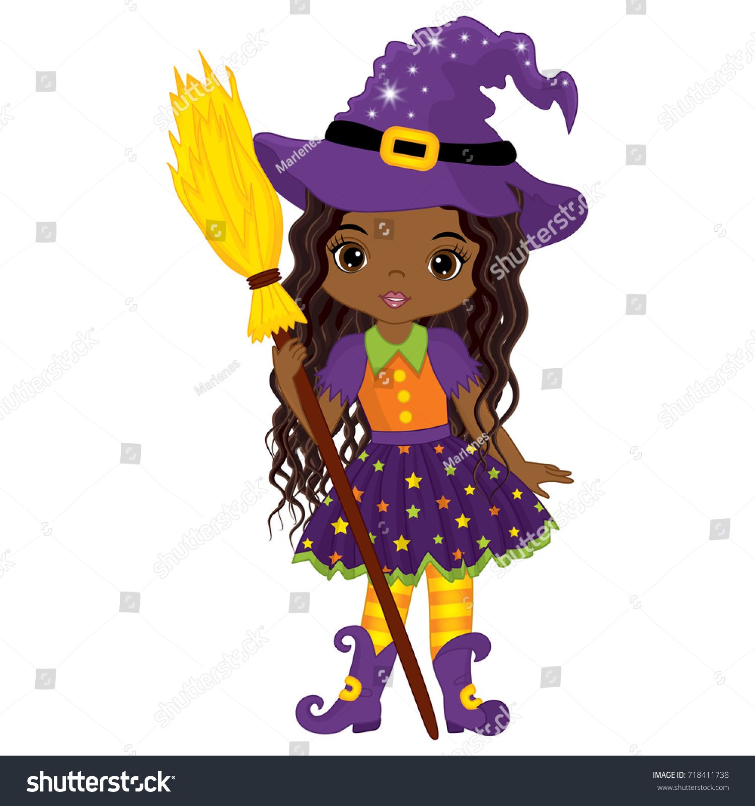 1500x1600 Vector Cute Little African American Witch With Broomstick Vector