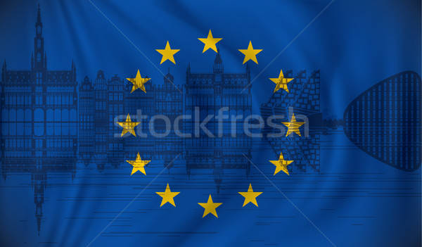 600x351 Flag Of European Union With Brussels Skyline Vector Illustration