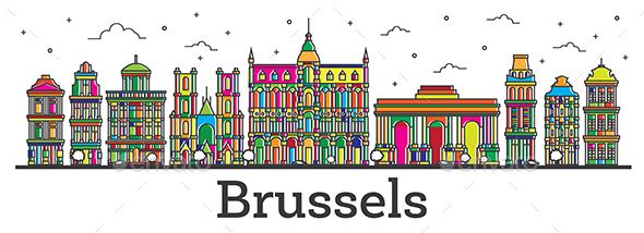 590x214 Vector Building Outline Brussels Belgium City Skyline With Color