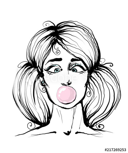 417x500 Sketchy Funny Black And White Fashion Girl With Bubble Gum Vector