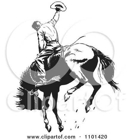 450x470 Clipart Retro Black And White Rodeo Cowboy On A Bucking Horse