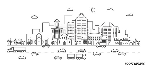 Line City Outline Town Street With Buildings And Cars Modern 500x228 Line City Outline Town Street With Buildings And Cars Modern