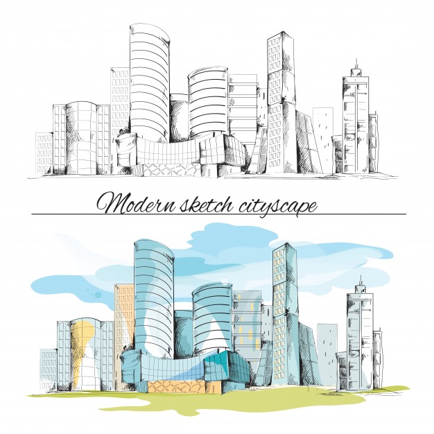 626x626 Modern Urban Sketch Building Hand Drawn Cityscape Set Vector