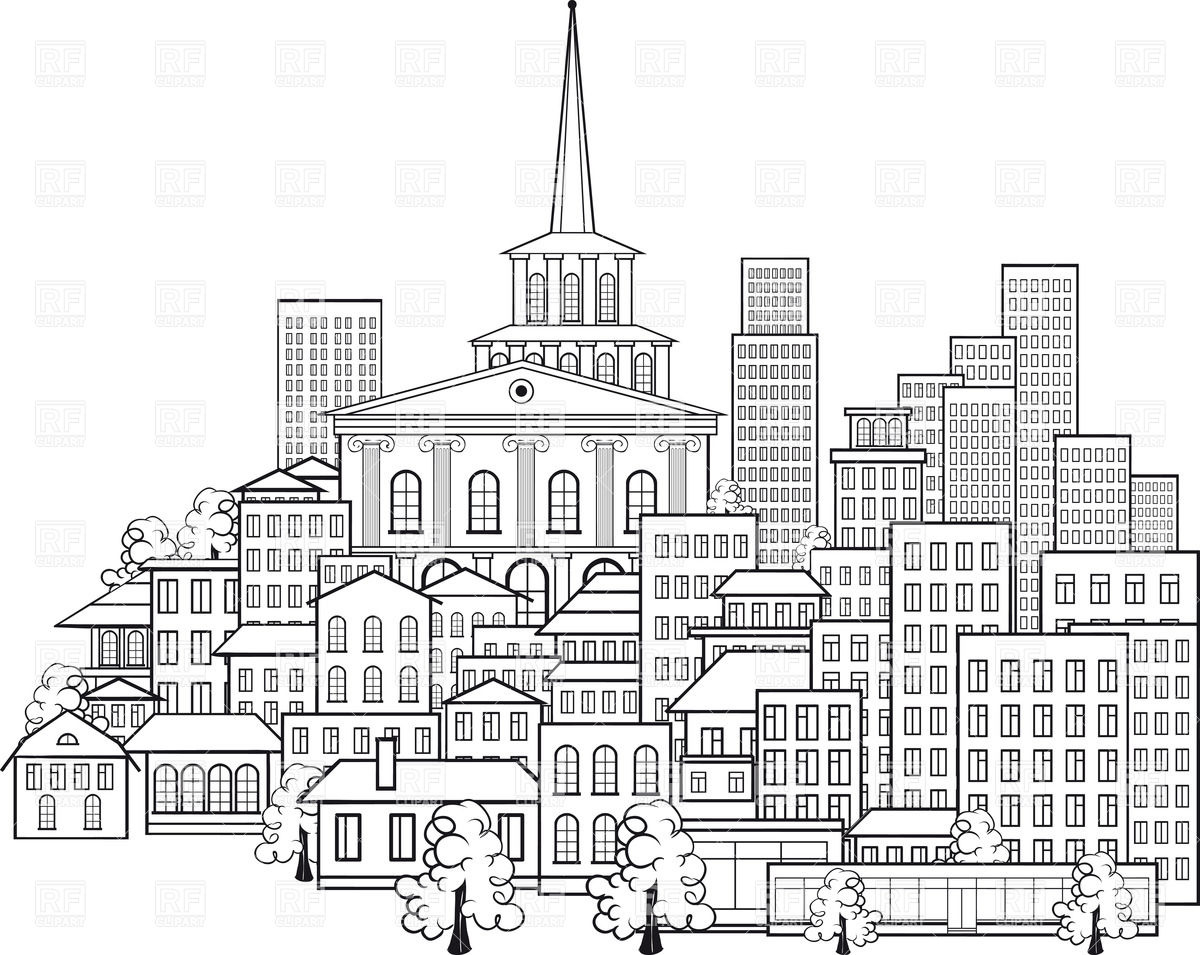 1200x955 Sketch Of Small Town With Buildings On The Hill Vector Image