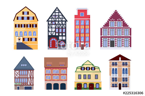 500x334 Europe Old Town Houses Building Vector Flat Isolated Illustration