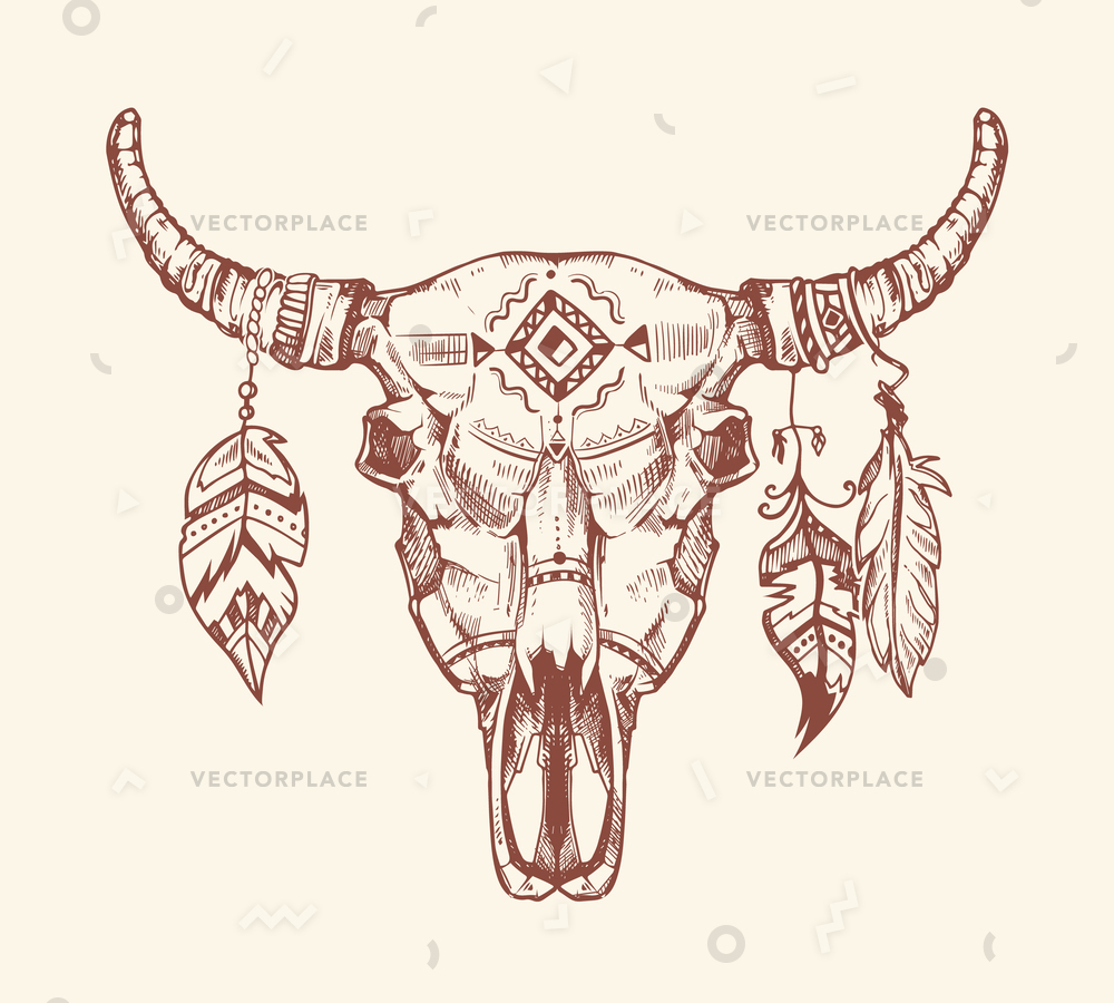 1000x900 Aztec Tribal Buffalo Skull T Shirt Print Vector Illustration