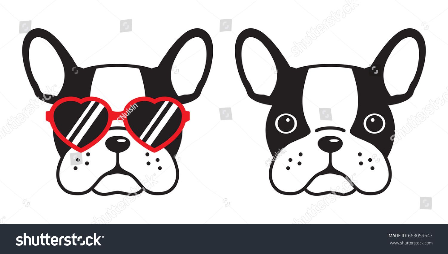 1500x850 French Bulldog Face Dog Heart Glasses Illustration Vector Cartoon