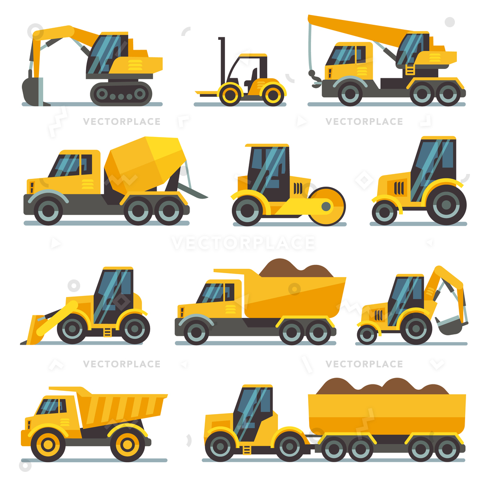 1000x1000 Industrial Construction Equipment Machinery Flat Icons Vector