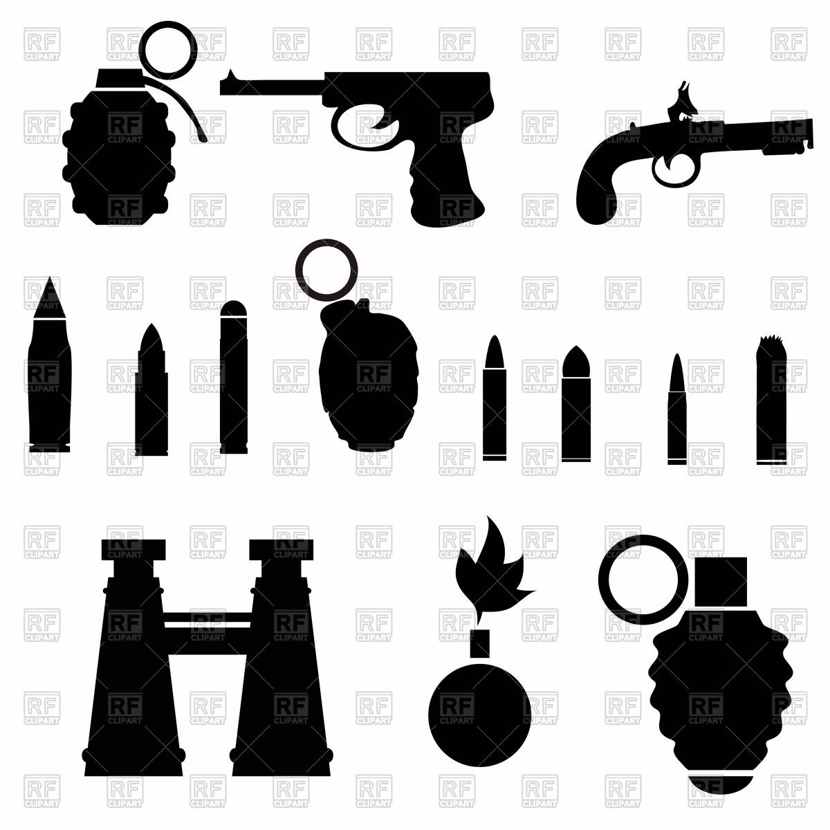 1200x1200 Silhouettes Of Weapon Handgun, Grenadey, Bullets And Binoculars