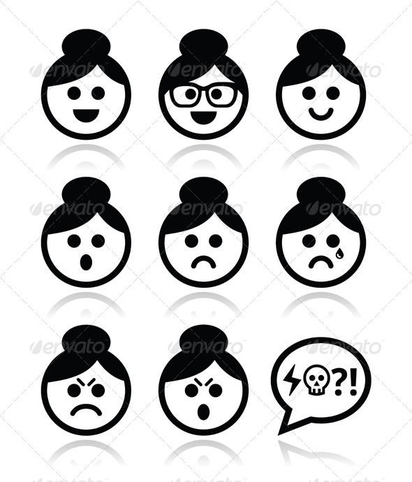 590x690 Grandma Face, Woman With Bun Hair Vector Icons Set Madame Hair