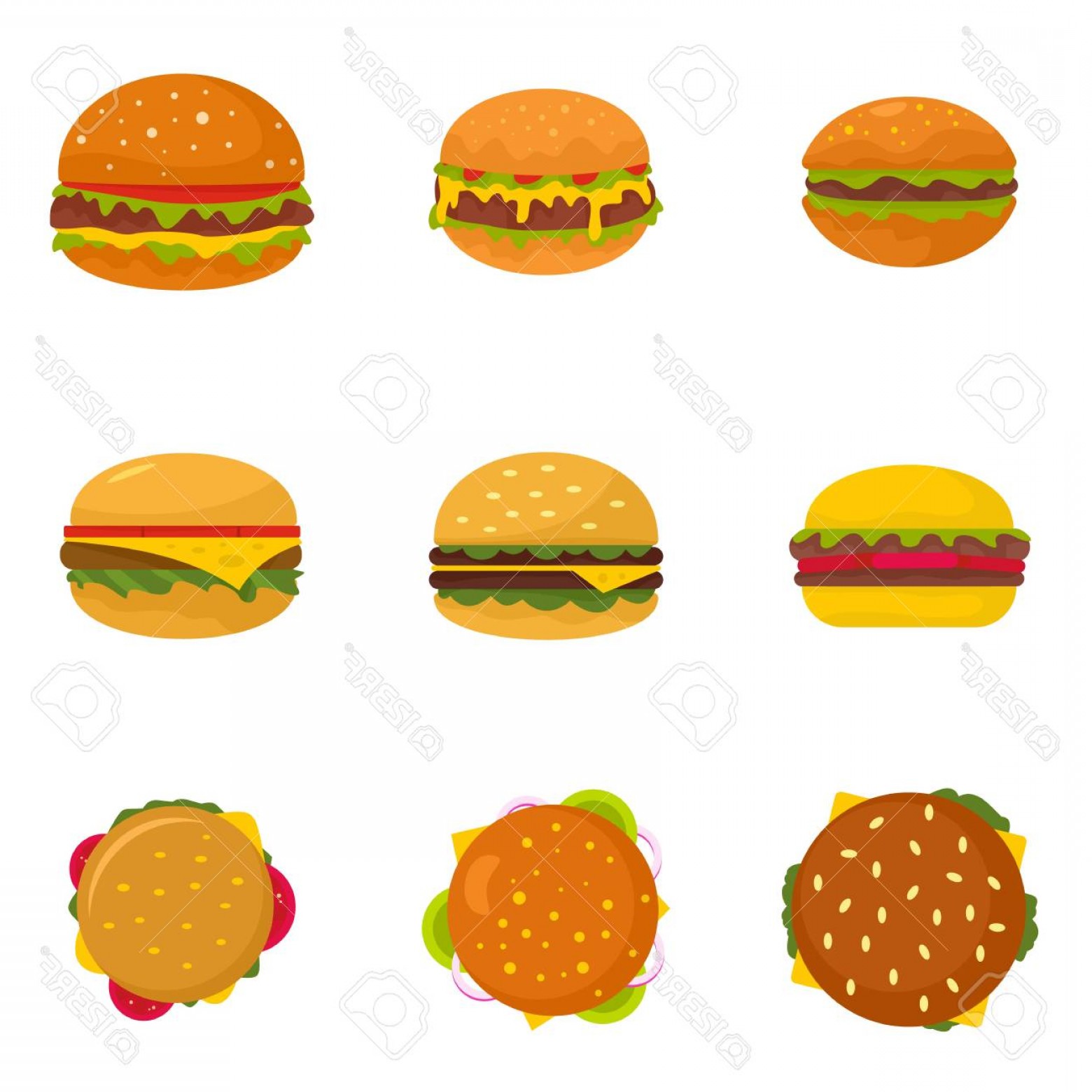 1560x1560 Photostock Vector Burger Sandwich Bread Bun Icons Set Flat