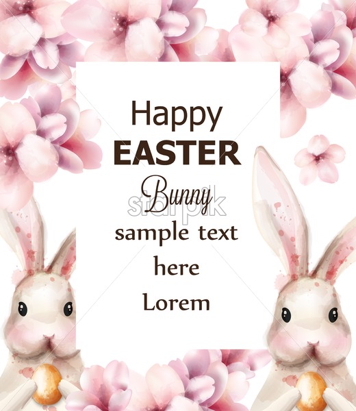 520x600 Easter Bunny Rabbit And Cherry Flowers Vector Cute Pet Holiday