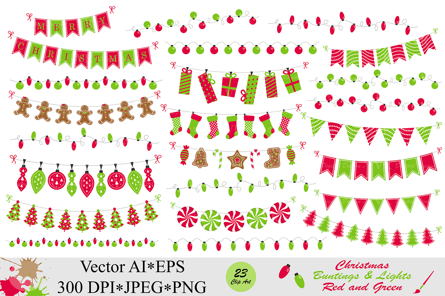 1502x1000 Christmas Red And Green Bunting Banners And String Lights Clipart