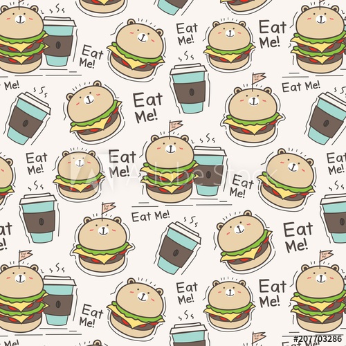500x500 Cute Bear Burger And Coffee Cup Pattern Background Vector