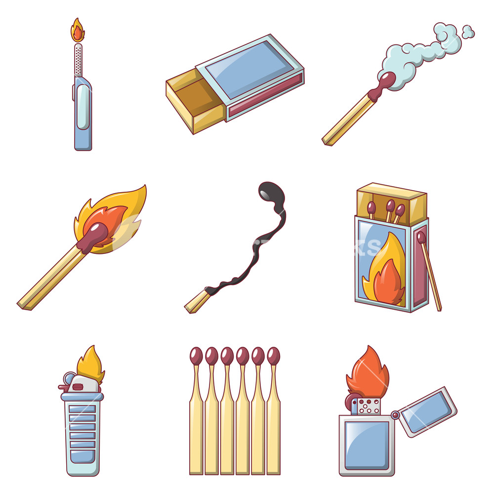 1000x1000 Safety Match Ignite Burn Icons Set Cartoon Illustration