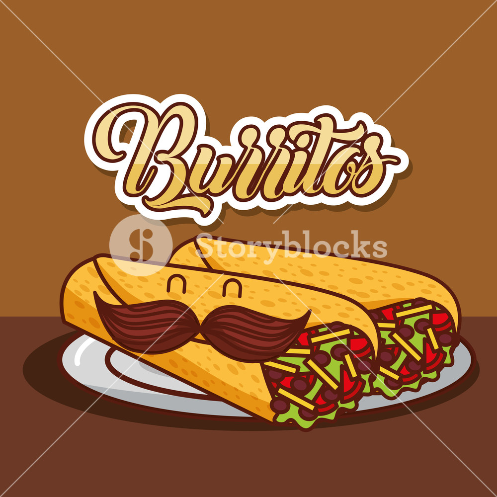 1000x1000 Cartoon Burritos With Mustache In Dish Mexican Food Vector