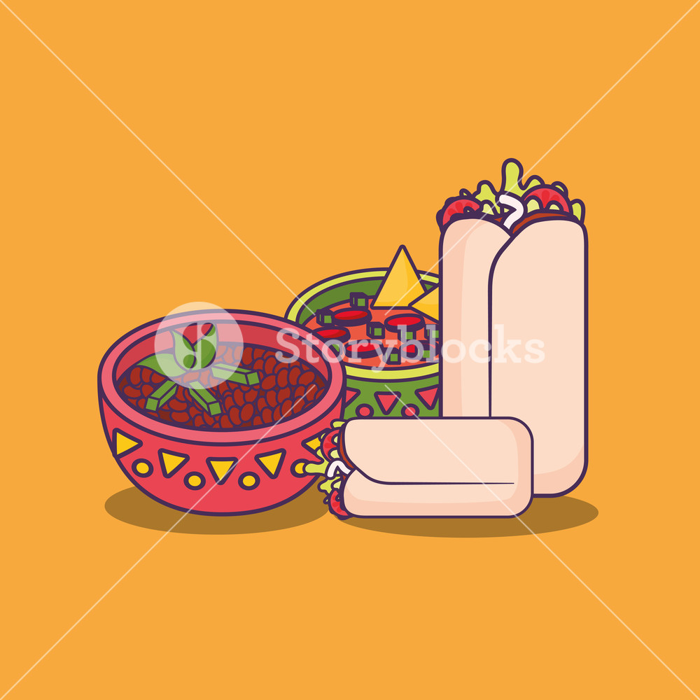 1000x1000 Mexican Burritos And Sauce Bowls Over Orange Background, Colorful