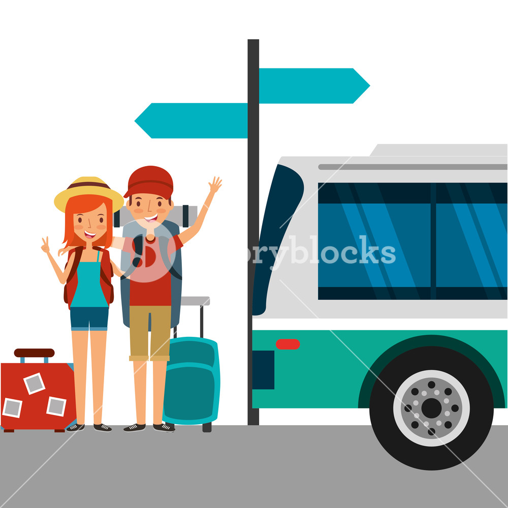 1000x1000 Happy Couple Tourists With Luggage In The Bus Stop Vector