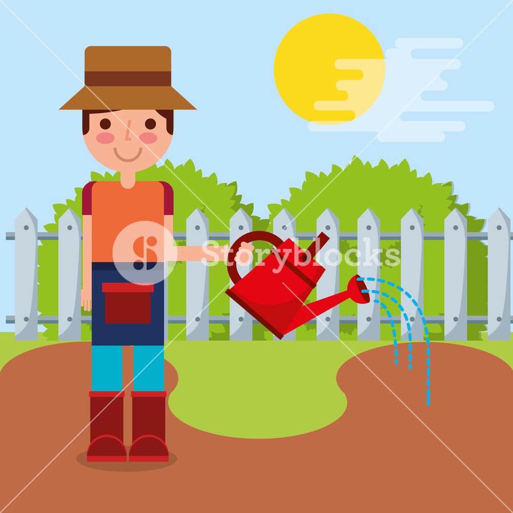 Gardener Boy Watering Garden Fence Bush Vector Illustration 1000x1000 Gardener Boy Watering Garden Fence Bush Vector Illustration