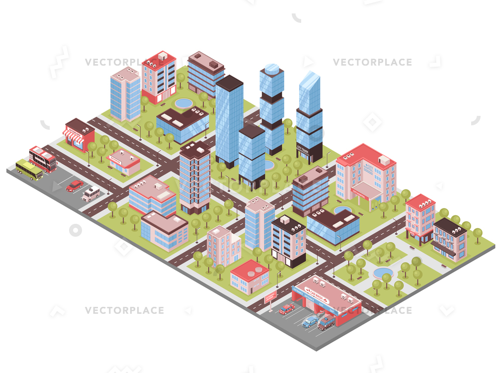 City District Isometric Composition Business Center Vector 1000x750 City District Isometric Composition Business Center Vector