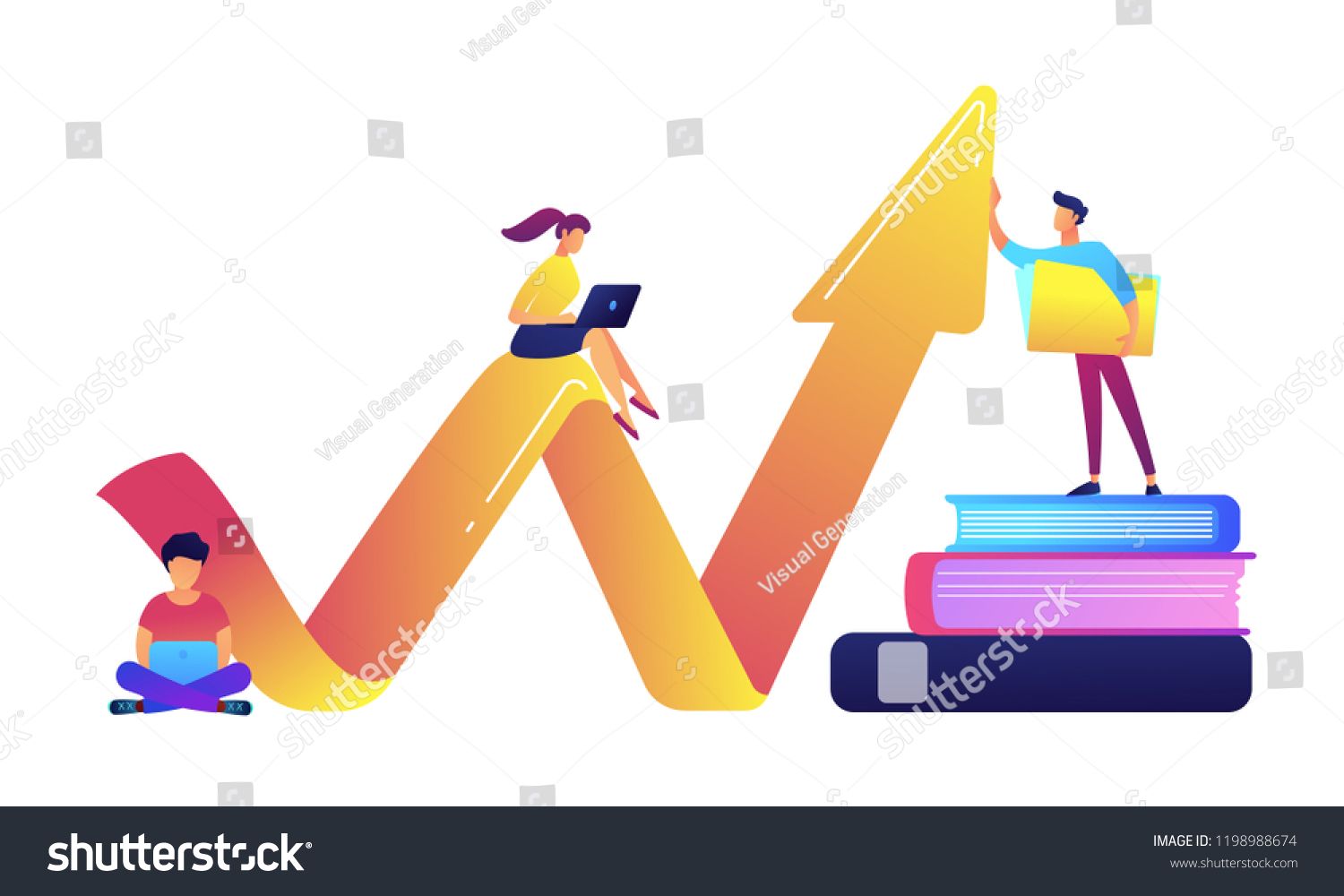 1500x1000 Business Team With Laptops Sitting On Big Growth Arrow Vector