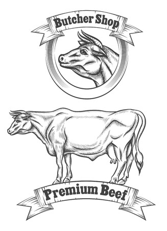 327x450 Premium Beef Meat Vector Label, Butcher Emblems Or Grill Bbq Logo