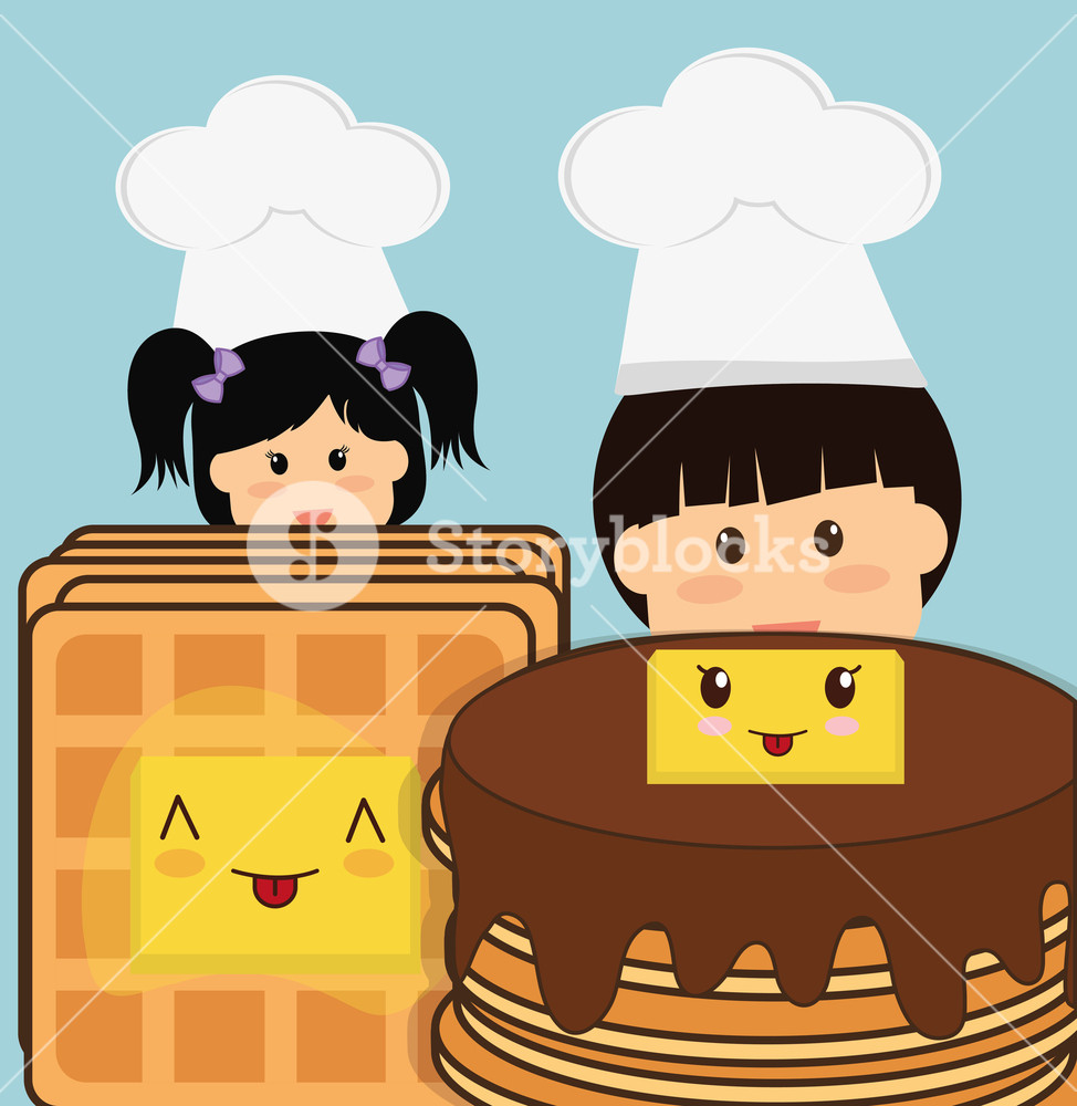 974x1000 Chef Boy And Girl Pancake Bread Butter Vector Illustration Royalty