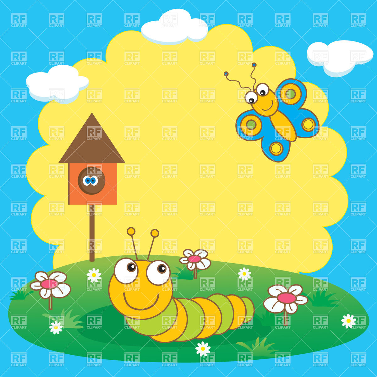 1200x1200 Cartoon Landscape With Caterpillar And Butterfly Vector Image