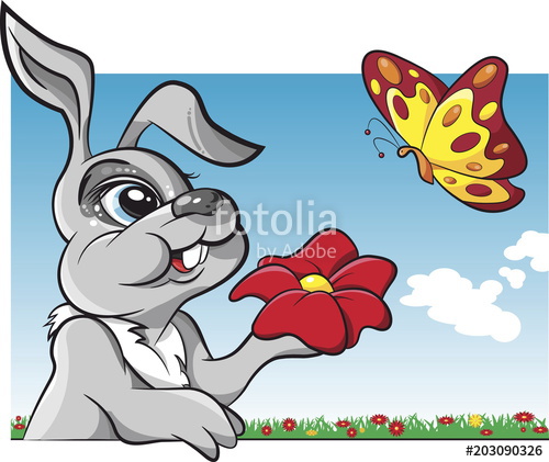 500x421 Rabbit With Flower And Butterfly Cartoon Vector Stock Image