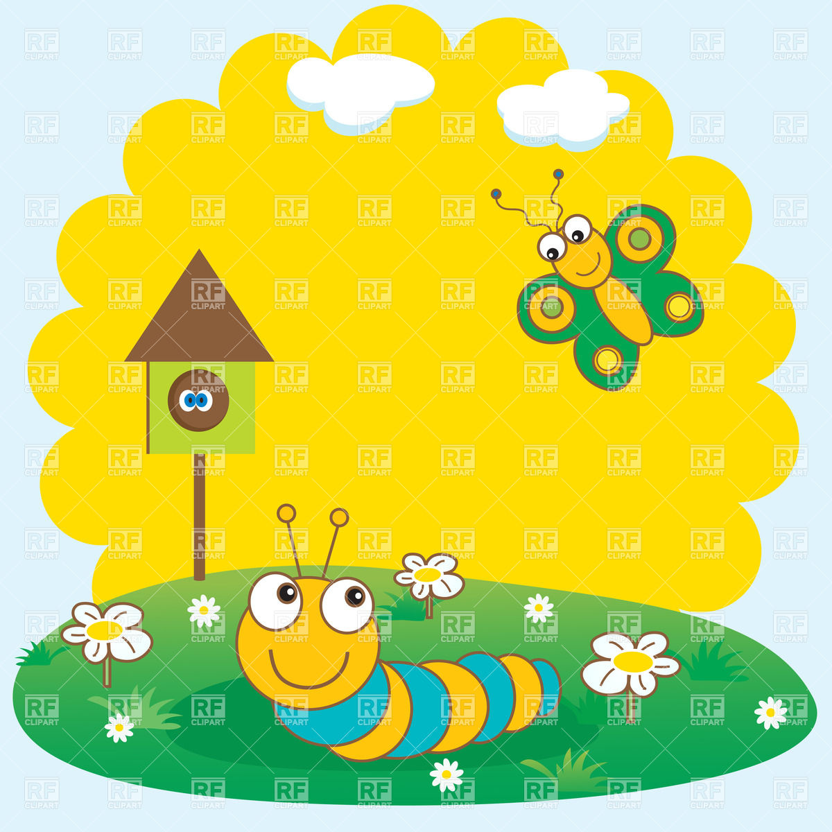 1200x1200 Spring Card With Cartoon Caterpillar And Butterfly On Floral Glade