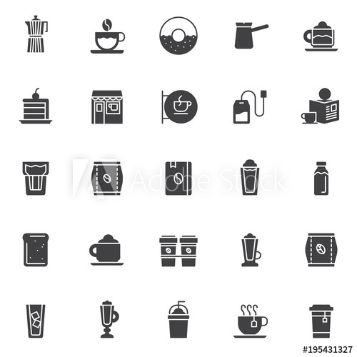 500x500 Coffee Shop Vector Icons Set, Modern Solid Symbol Collection