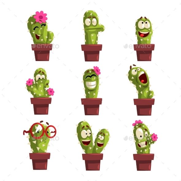 Potted Cactus Characters Sett, Funny Cacti In Flower Pot 590x590 Potted Cactus Characters Sett, Funny Cacti In Flower Pot