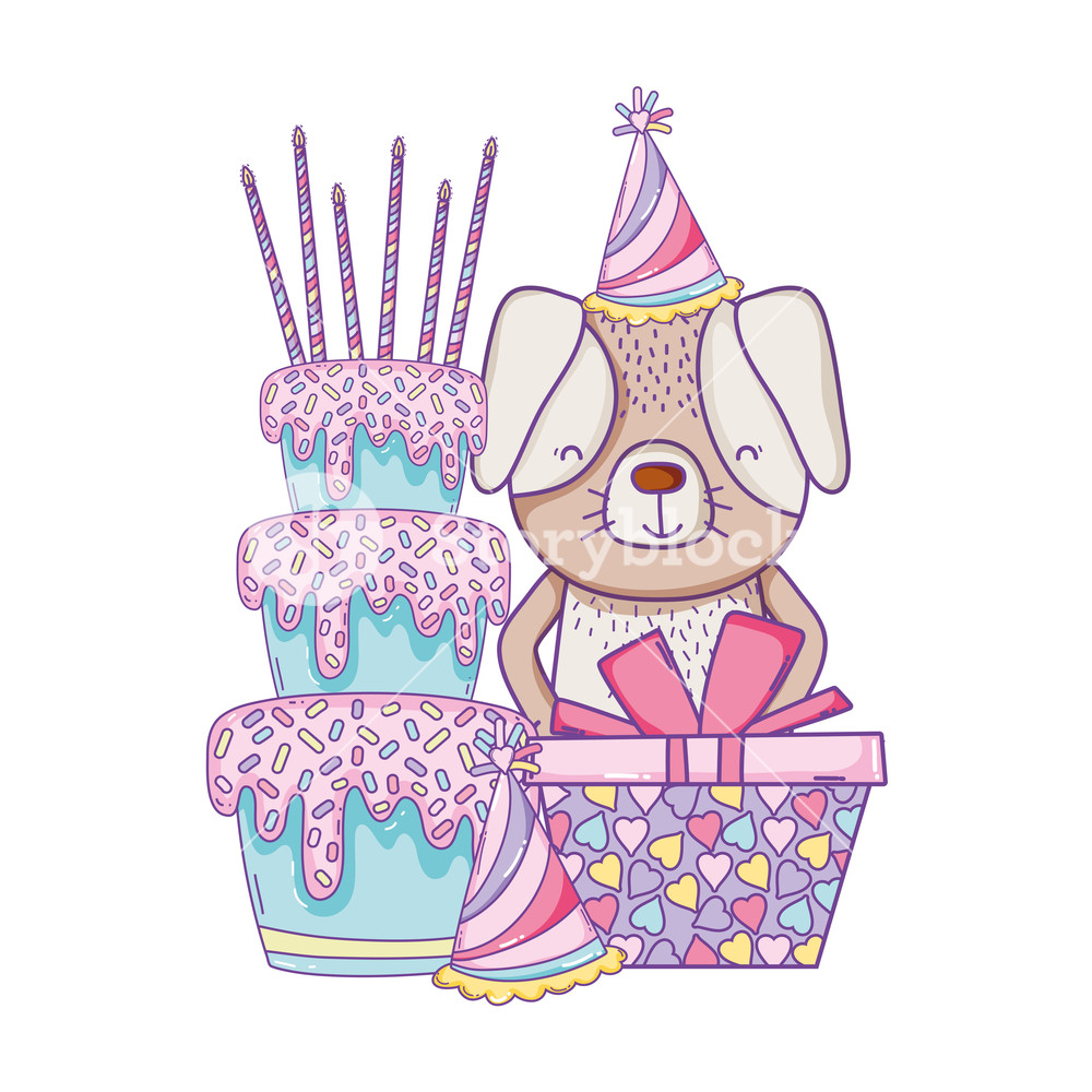 1000x1000 Happy Birthday Dog With Cake And Gift Box Vector Illustration