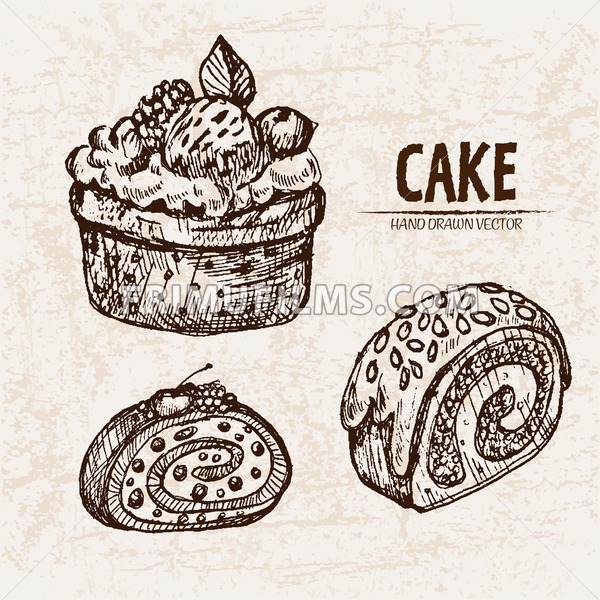 Digital Vector Detailed Line Art Cake And Roll Slices With Fruits 600x600 Digital Vector Detailed Line Art Cake And Roll Slices With Fruits