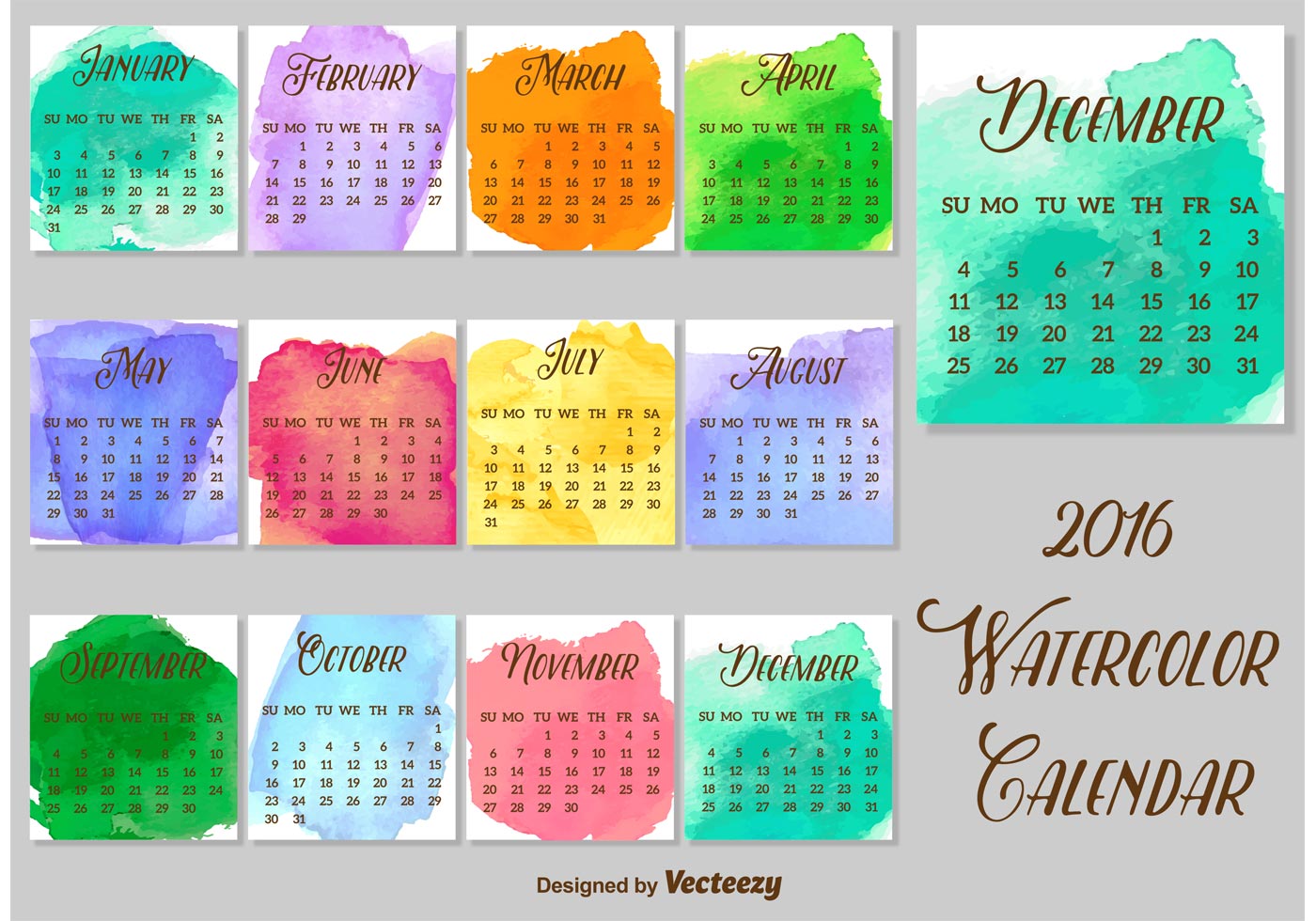 1400x980 Watercolored Calendar Vector Template