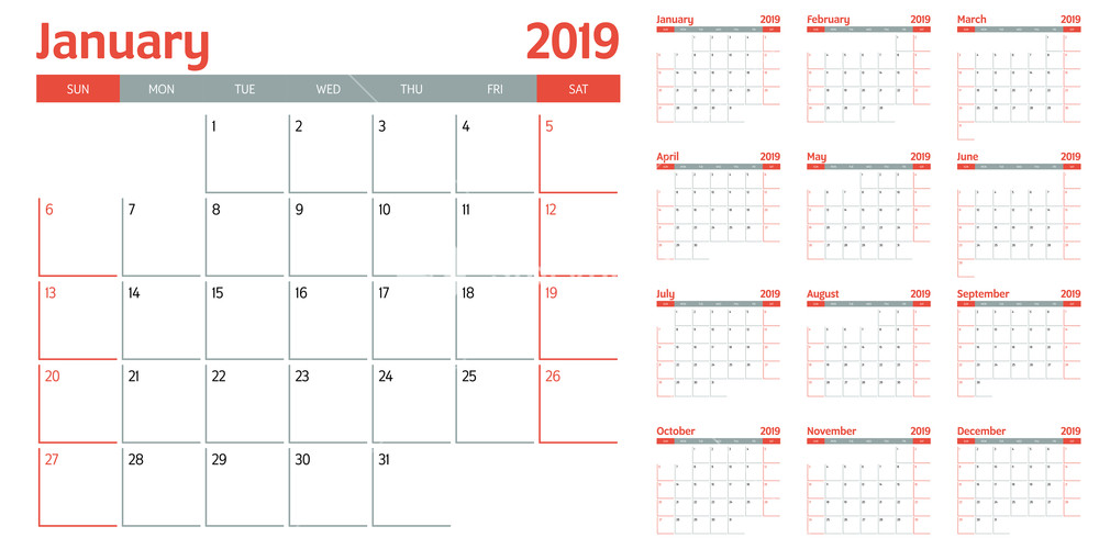 1000x500 Calendar Planner Template Vector Illustration All Months