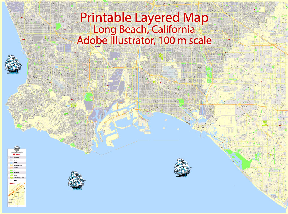 1010x751 Long Beach Printable Map, California, Us, Exact Vector Map Street G