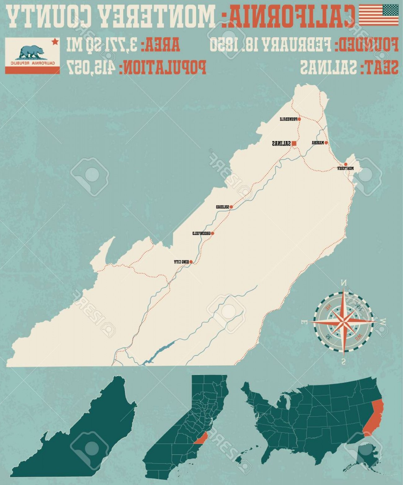 1299x1560 Photostock Vector Large And Detailed Map Of Monterey County