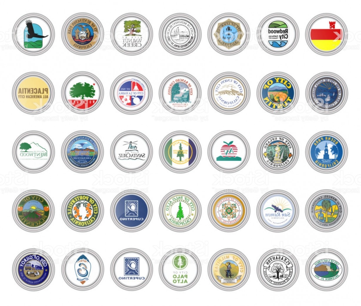 1228x1041 Set Of Vector Icons Flags And Seals Of Cities California State Usa
