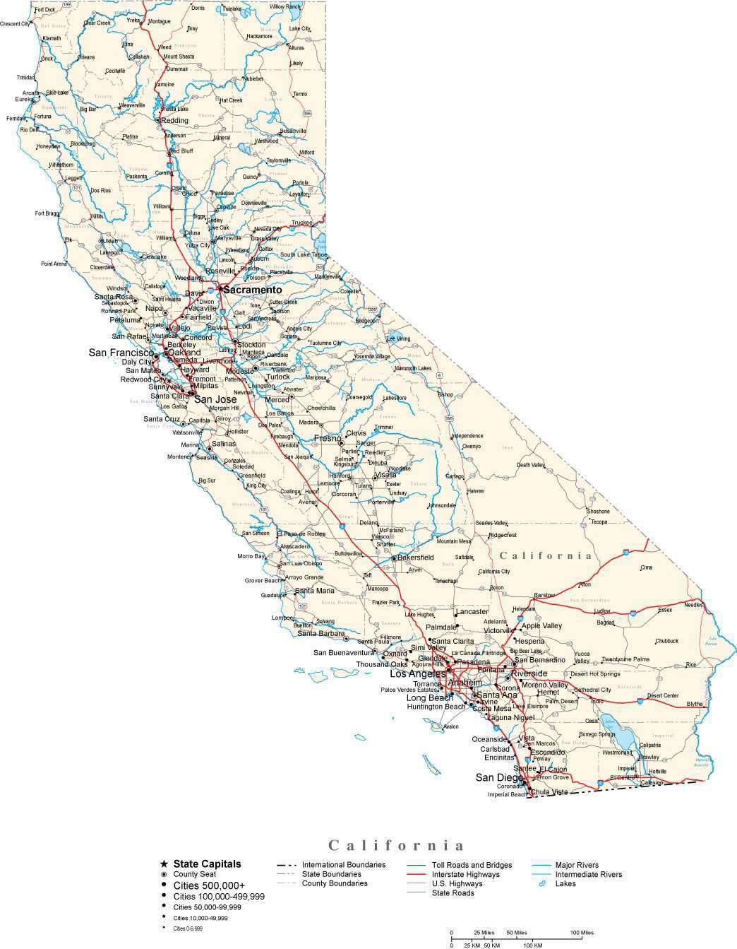 1044x1343 California With Capital, Counties, Cities, Roads, Rivers Lakes