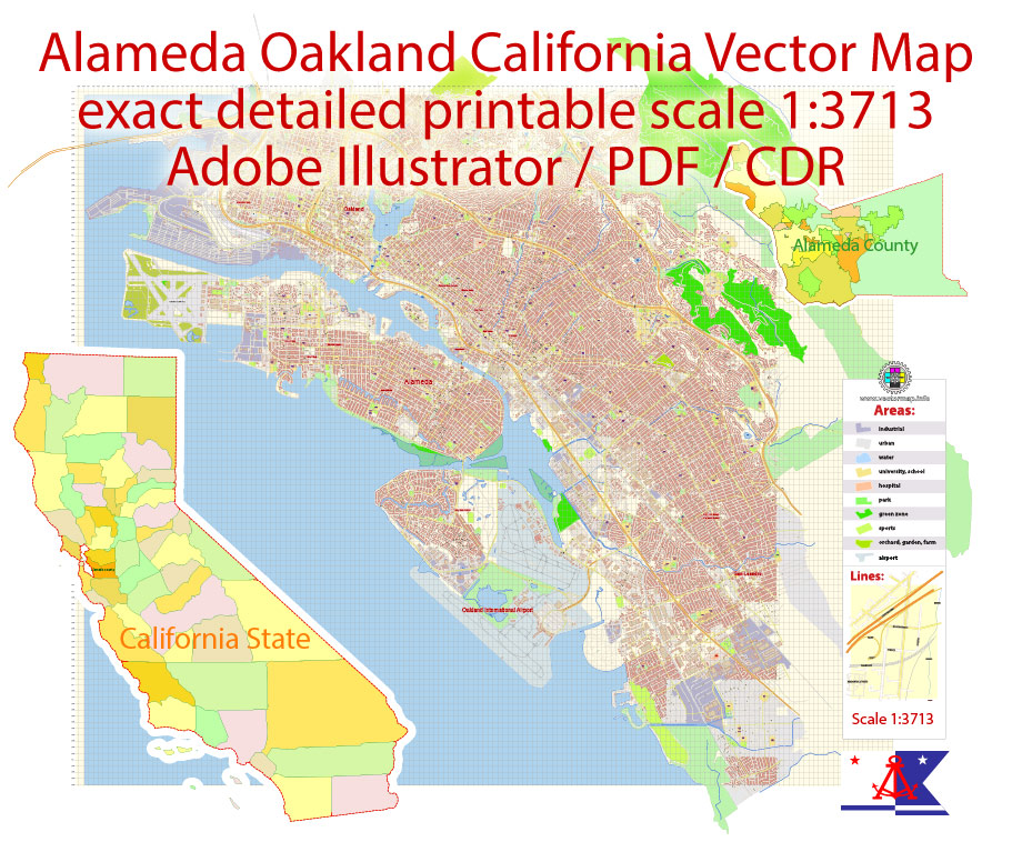 911x758 Alameda Oakland Map Vector Extra Detailed Editable Illustrator