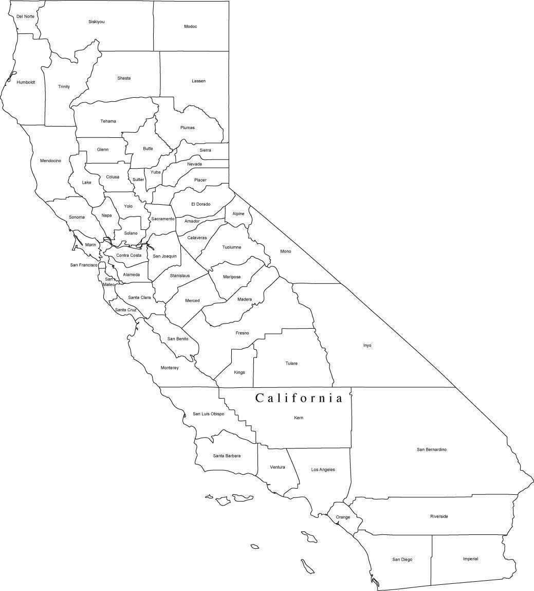 1039x1149 Black White California Digital Map With Counties