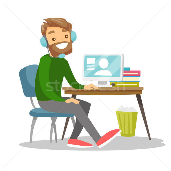 600x600 Man Using Headset And Computer In Call Center Vector Illustration
