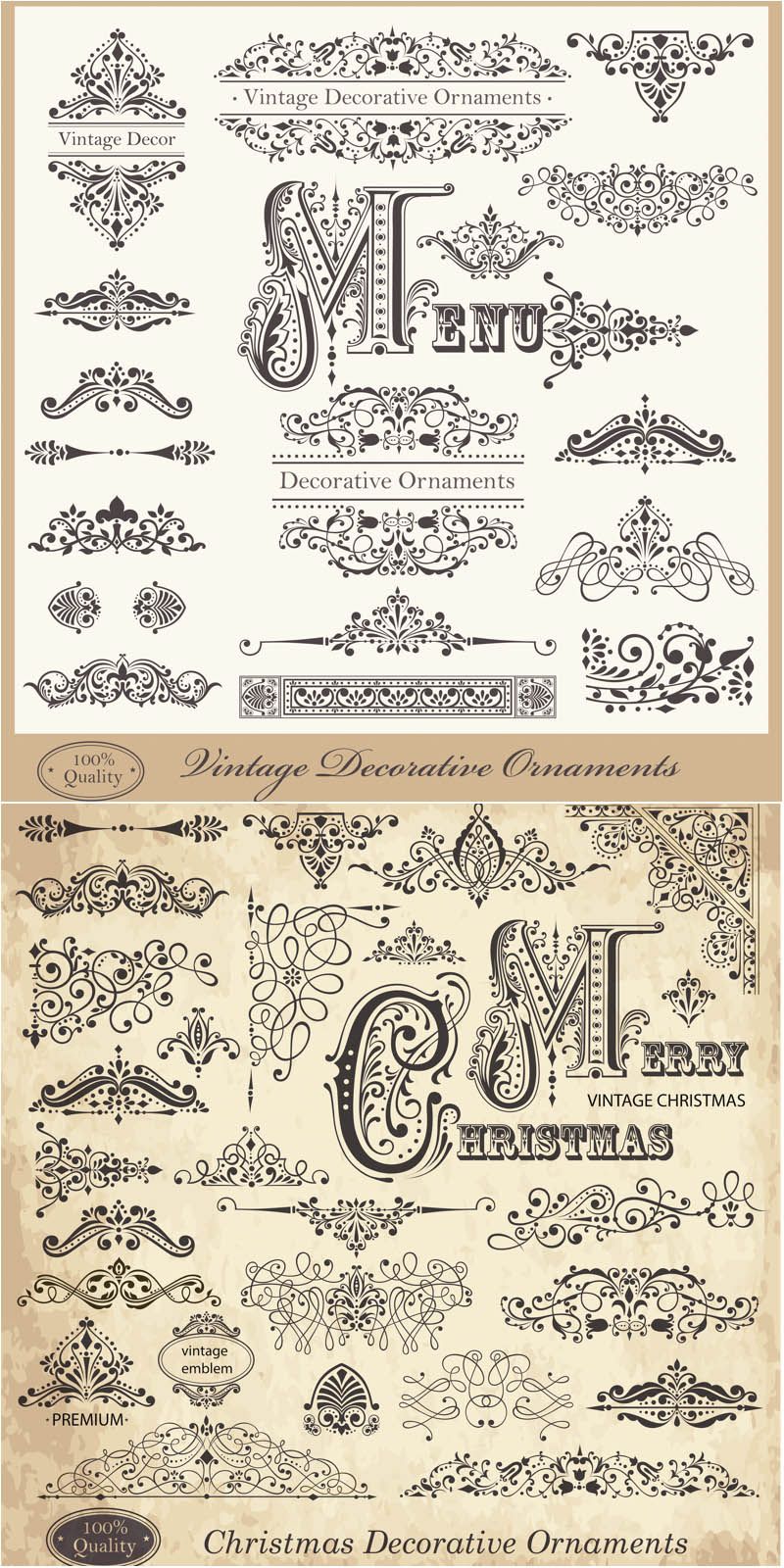 800x1600 Vintage Decorative Christmas Ornaments Vector Calligraphy