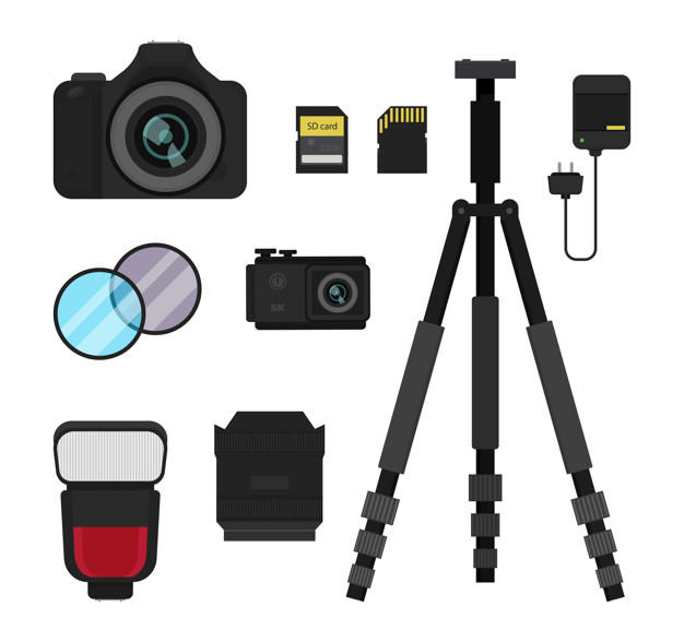 626x588 Dslr And Action Camera, Flash, Tripod, Lens And Filters, Battery