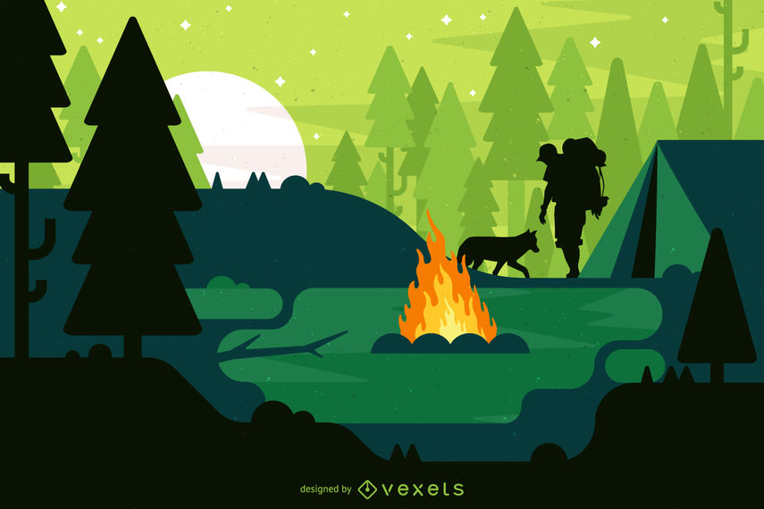 855x570 Camping Landscape Illustration With Campfire
