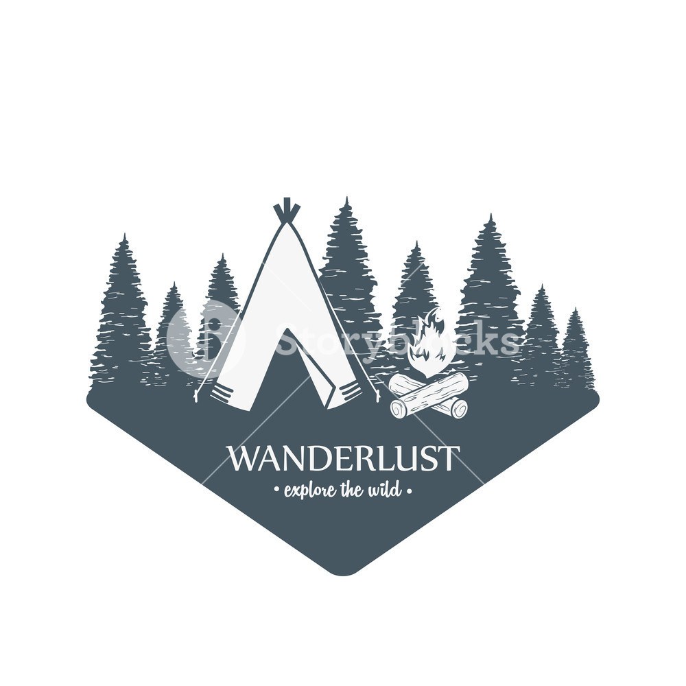 1000x1000 Wanderlust Label With Forest Scene And Camping Tent Vector