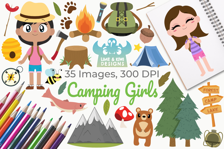 948x632 Camping Girls Clipart, Instant Download Vector Art