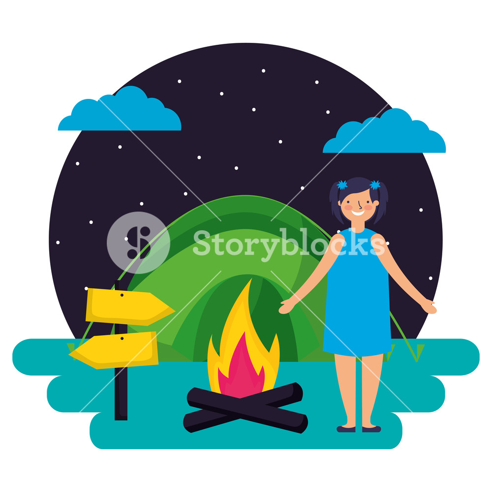 1000x1000 Girl Tent Bonfire Night Camping Vector Illustration Royalty Free